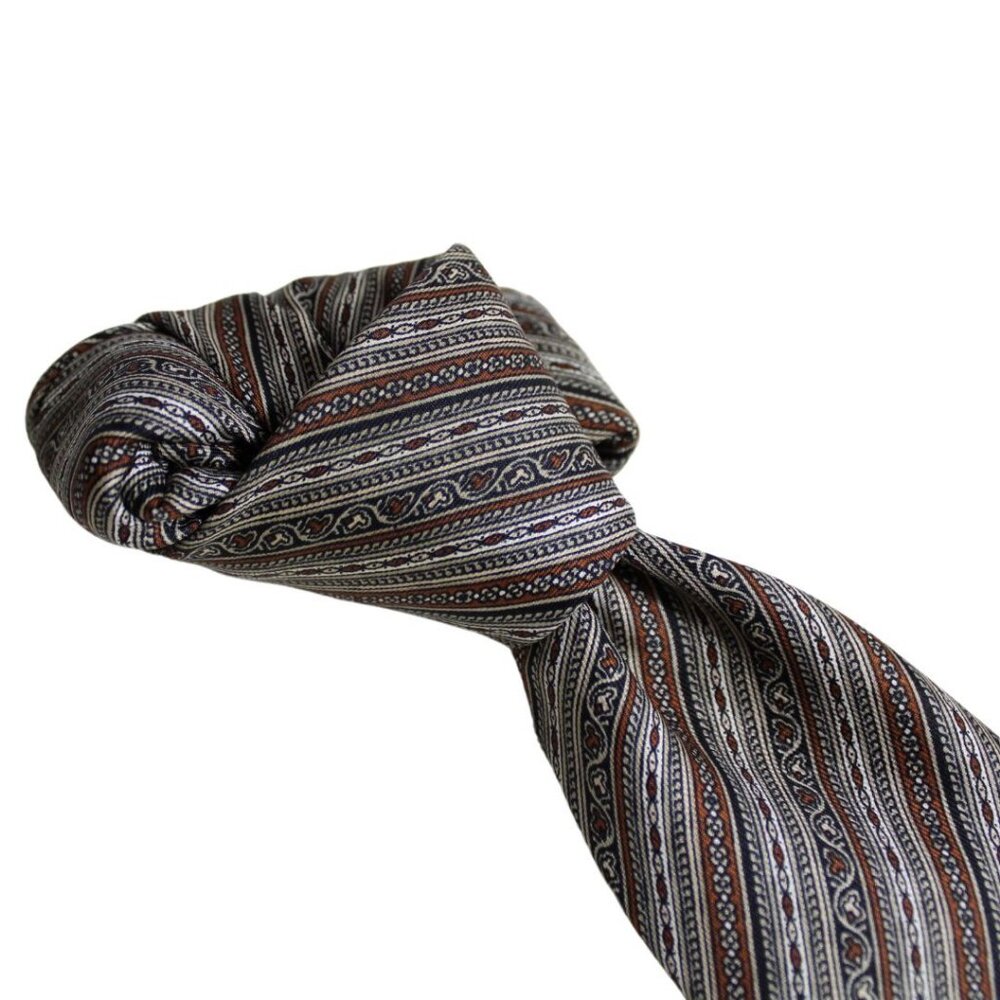 LANVIN PARIS Tie 100% Silk - Beige, Rust, Grey & Black Diagonal Stripes